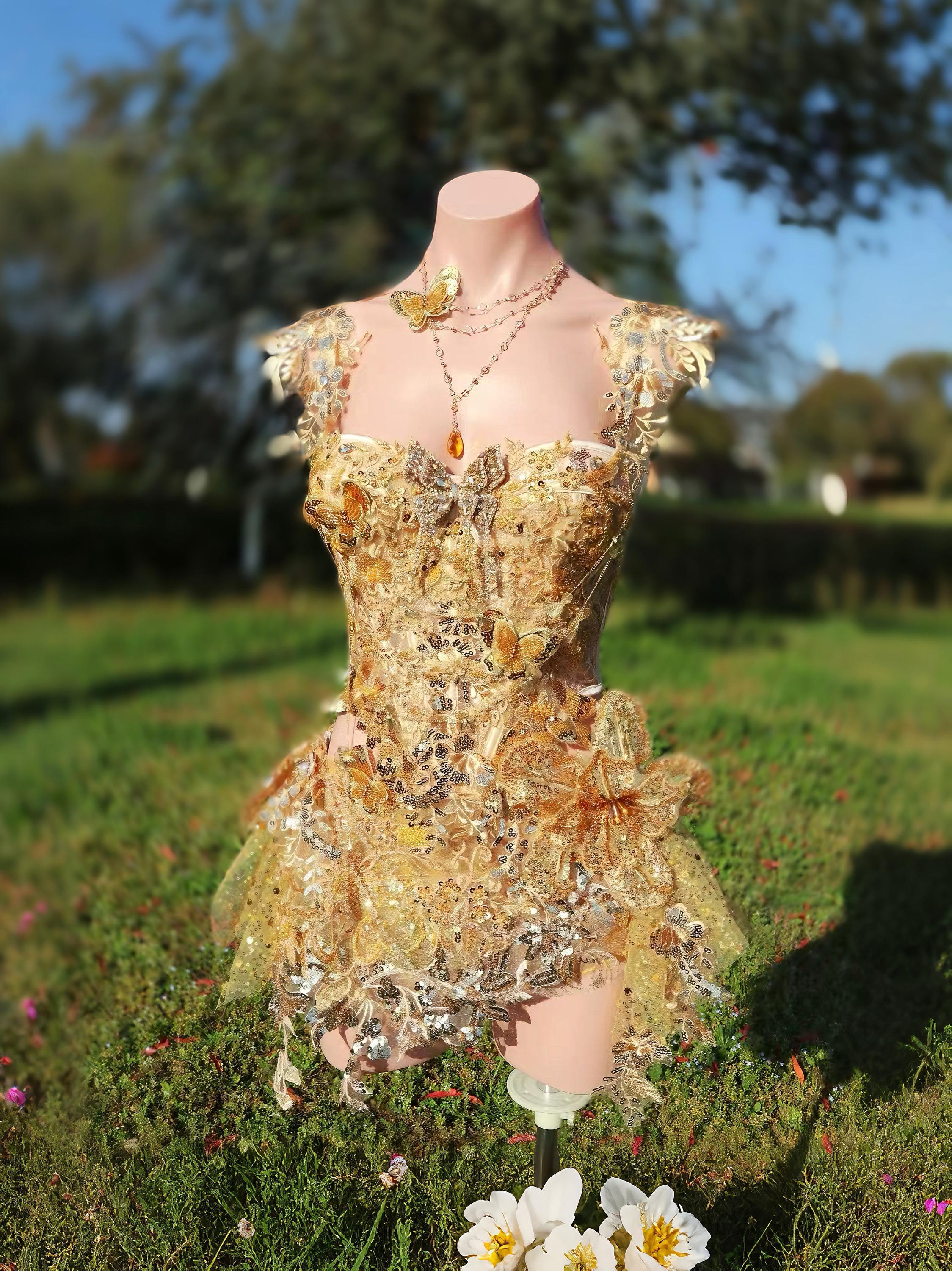 gold fairy dress Outfit – Butterfly Corset Festival Set Colour:Turquoise gown and cape the top skirt is Guieoi Women's Dresses Plus