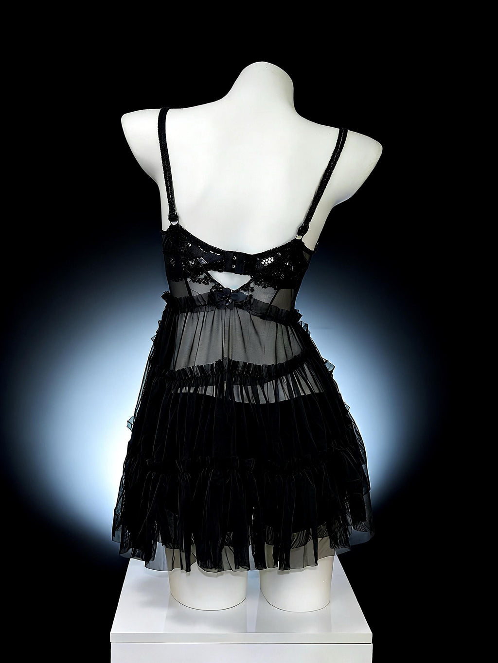 AVRY Clytia black jellyfish rave outfit with crystal embellishments and layered bloomers skirt.