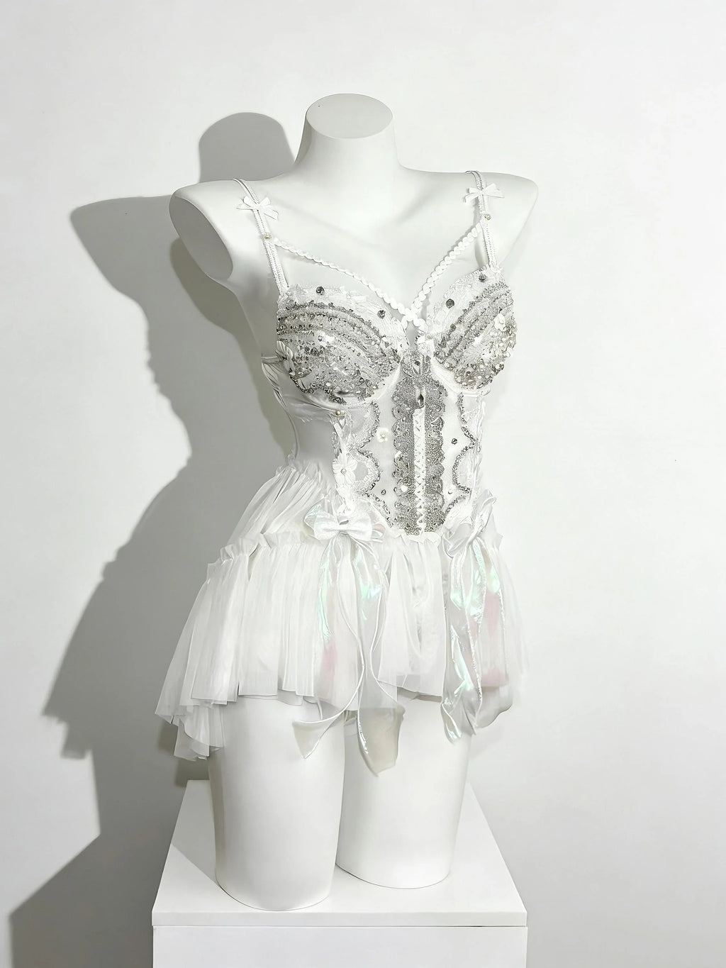 Angelic white rave corset set with pearl embellishments by AVRY