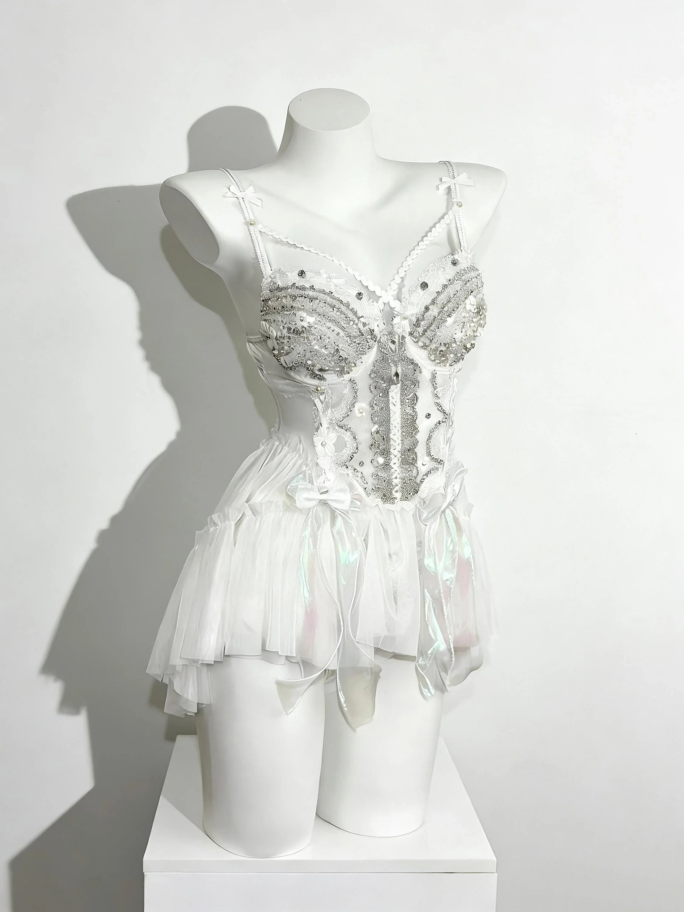 Angelic white rave corset set with pearl embellishments by AVRY
