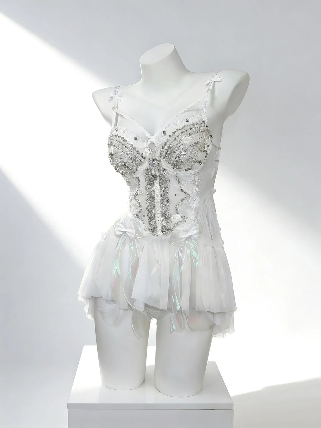 White crystal fairy outfit for festival and rave styling by AVRY