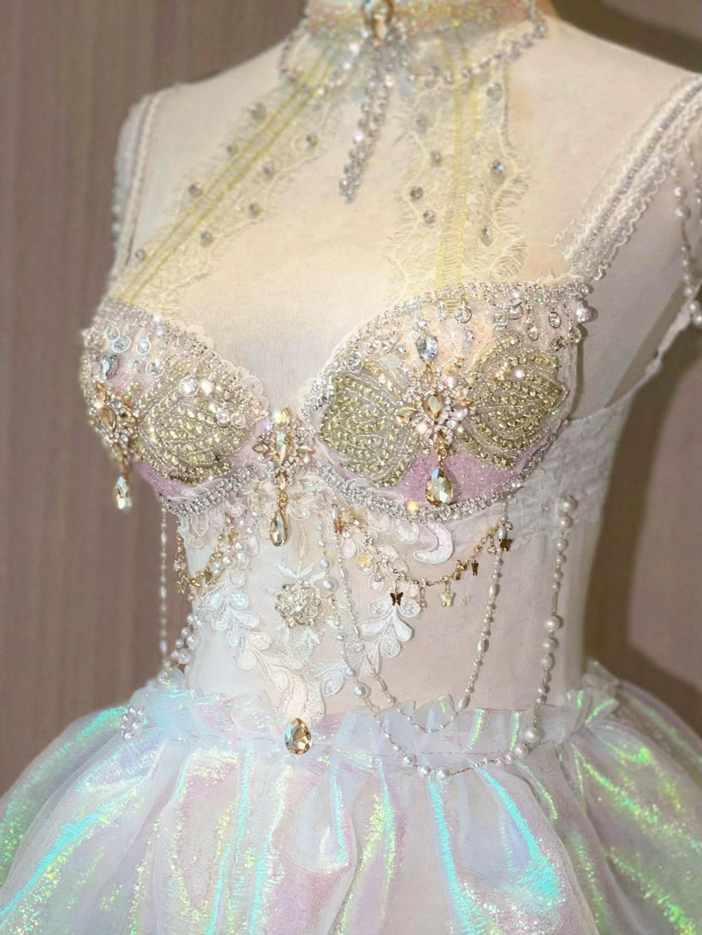 AVRY-Festival ravewear with pearl chains, crystals, and iridescent styling
