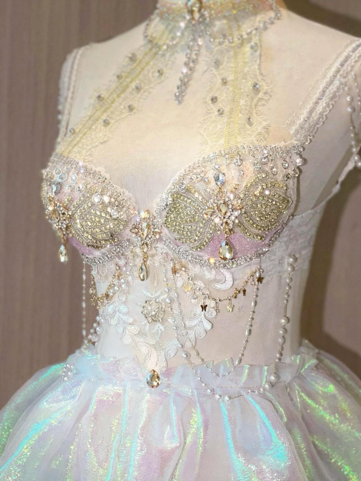 AVRY-Festival ravewear with pearl chains, crystals, and iridescent styling
