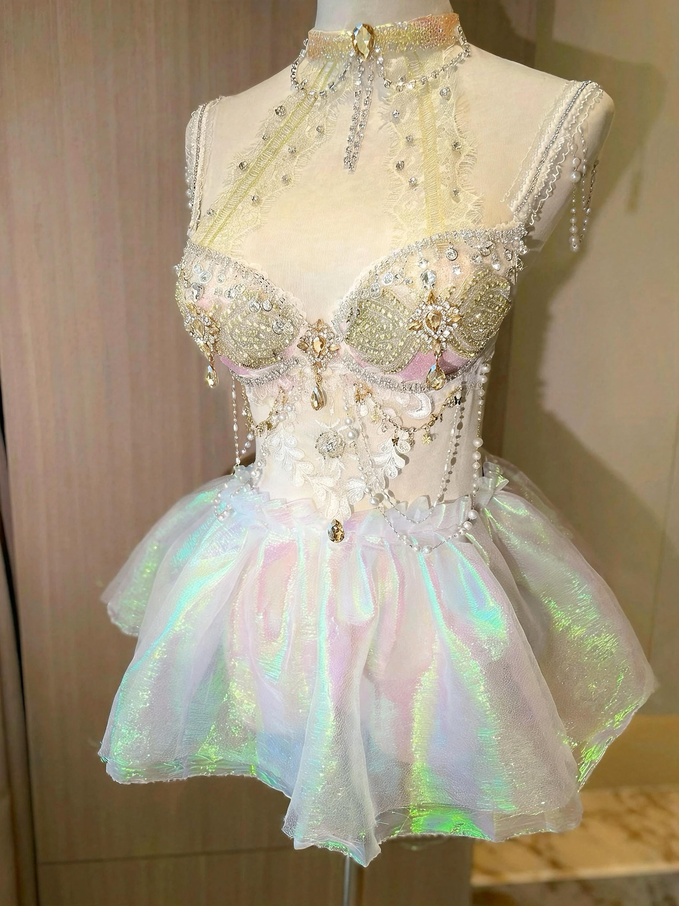 AVRY-Iridescent rave outfit with crystal corset and pearl chain details