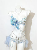 AVRY Anemone Blue Fairy Rave Set with Floral Bra, Body Chain and Festival Bottoms