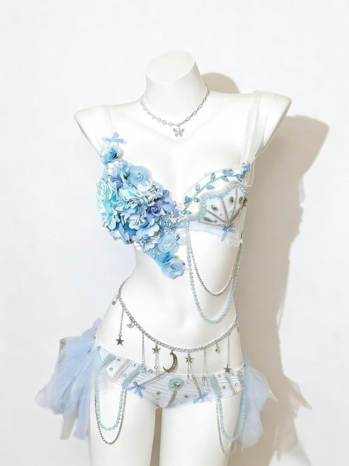 AVRY Anemone Blue Fairy Rave Set with Floral Bra, Body Chain and Festival Bottoms