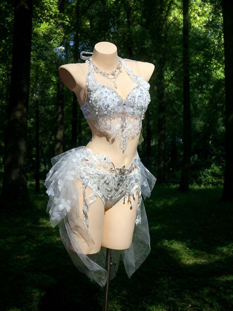 AVRY-Crystal Rave fairy outfit with rhinestone top and soft mesh draping