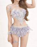 All-in-one Pastell Feder Feen Rave Set, Kristall Korsett Top mit Choker, Strass Körperkette, Festival Feen Outfit, EDM, Lila Ravewear