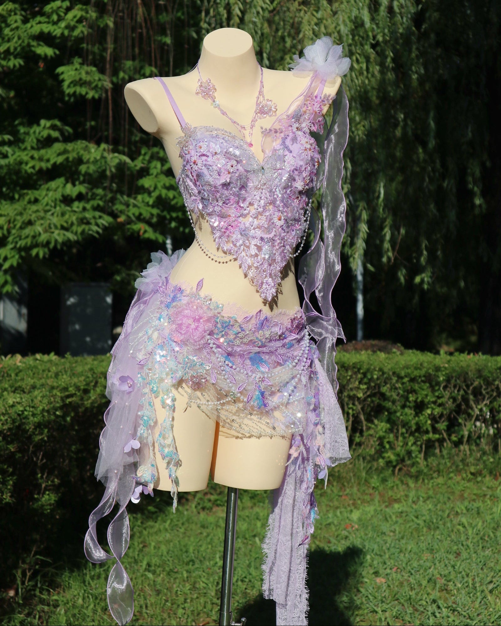 AVRY New Forest Purple Rosalie handcrafted fairy festival set featuring a crystal embellished bra top, matching fairy skirt and flowing lilac ribbons.
