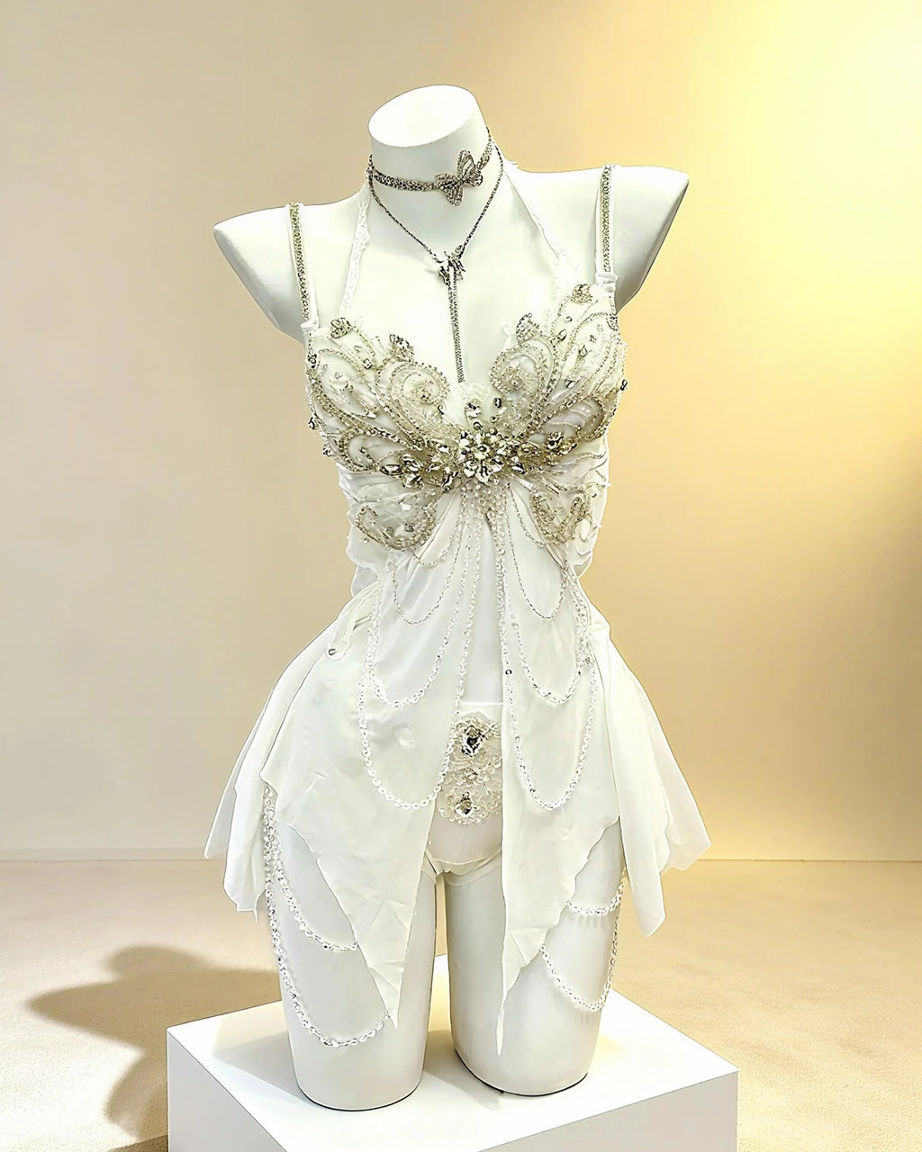 AVRY Aurora Moth Seraphina collection front view with white butterfly corset, crystal embellishments and angel fairy styling.