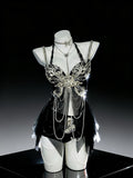 AVRY Noir Monarch black gothic rave outfit with corset top, bottom and necklace for dark fairy festival styling.