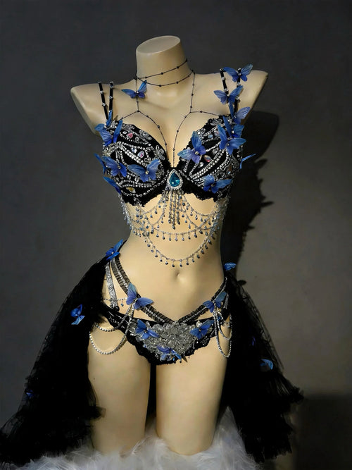 AVRY Azure Morpho blue butterfly rave outfit with embellished top, matching bottom and tulle wrap skirt.