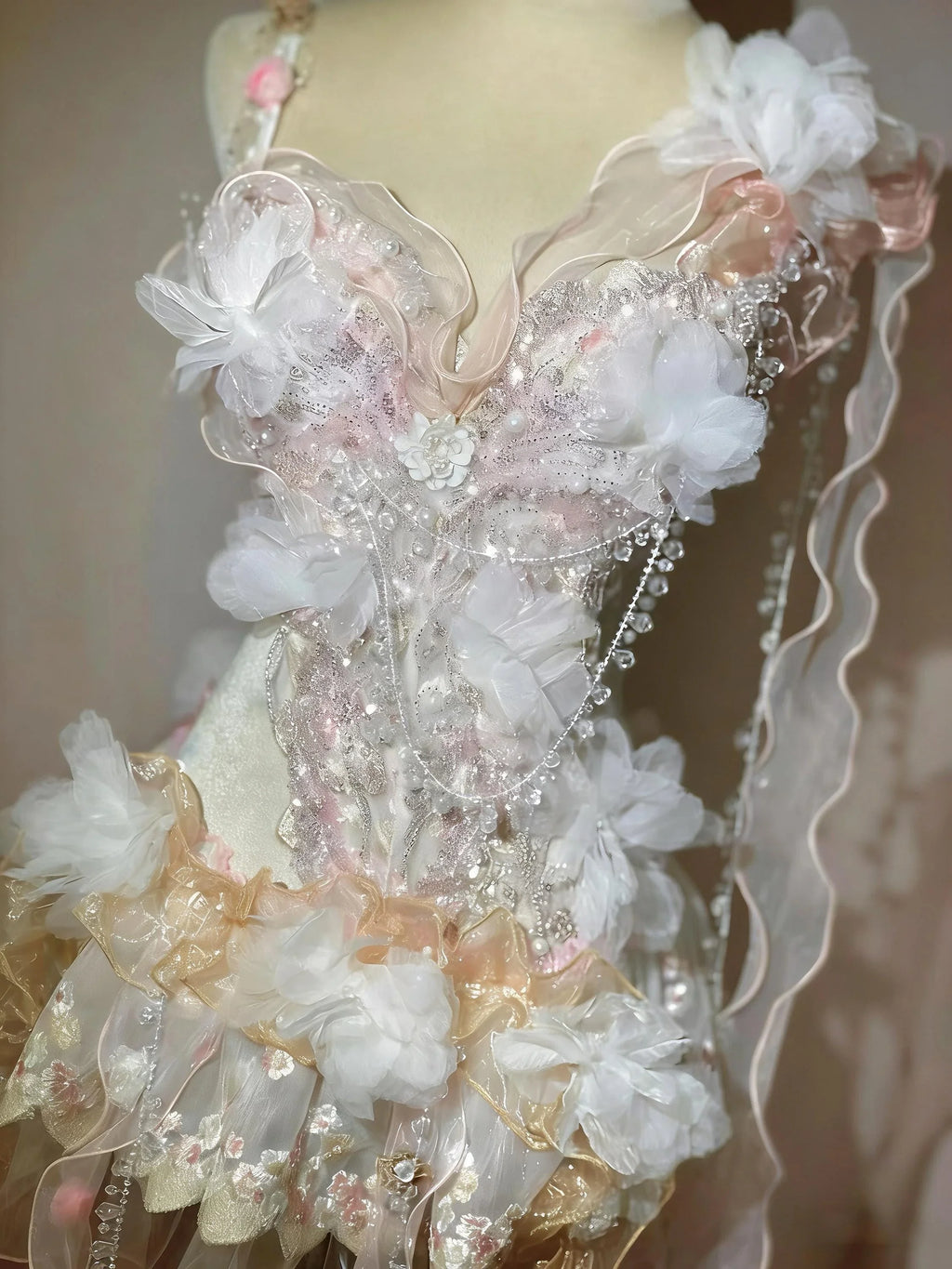 AVRY Camellia Set close-up detail of floral embellishments, soft organza petals and dreamy fairycore styling.