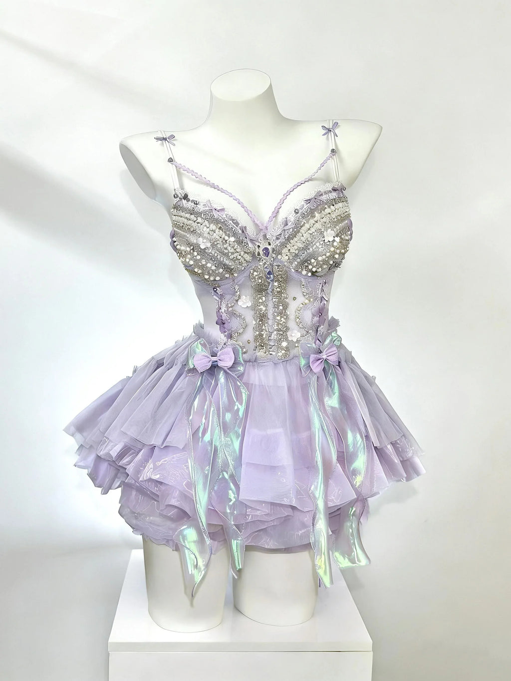 AVRY Clytia lavender jellyfish-inspired festival outfit with layered ruffles and fairycore styling.