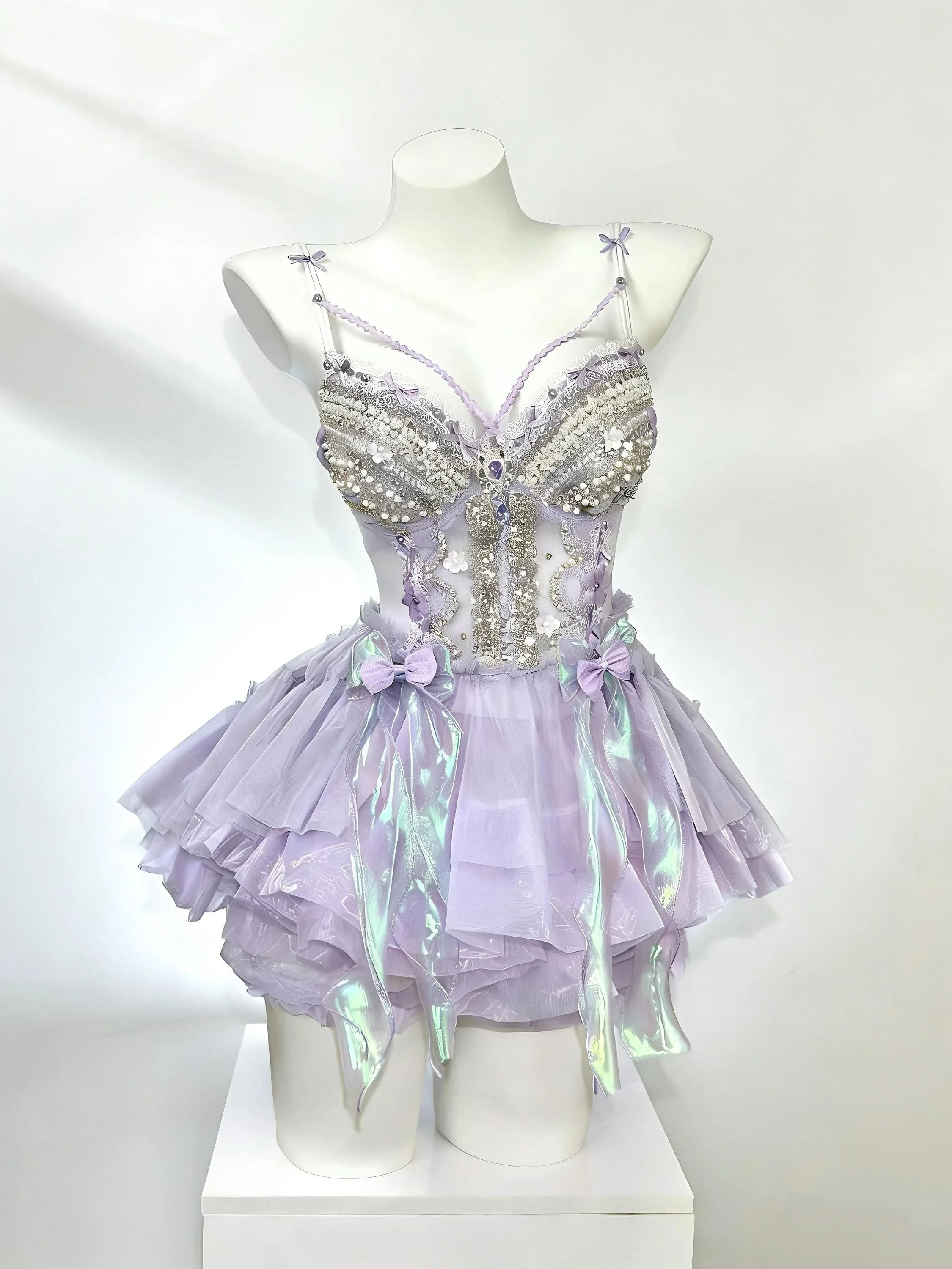 AVRY Clytia lavender jellyfish-inspired festival outfit with layered ruffles and fairycore styling.