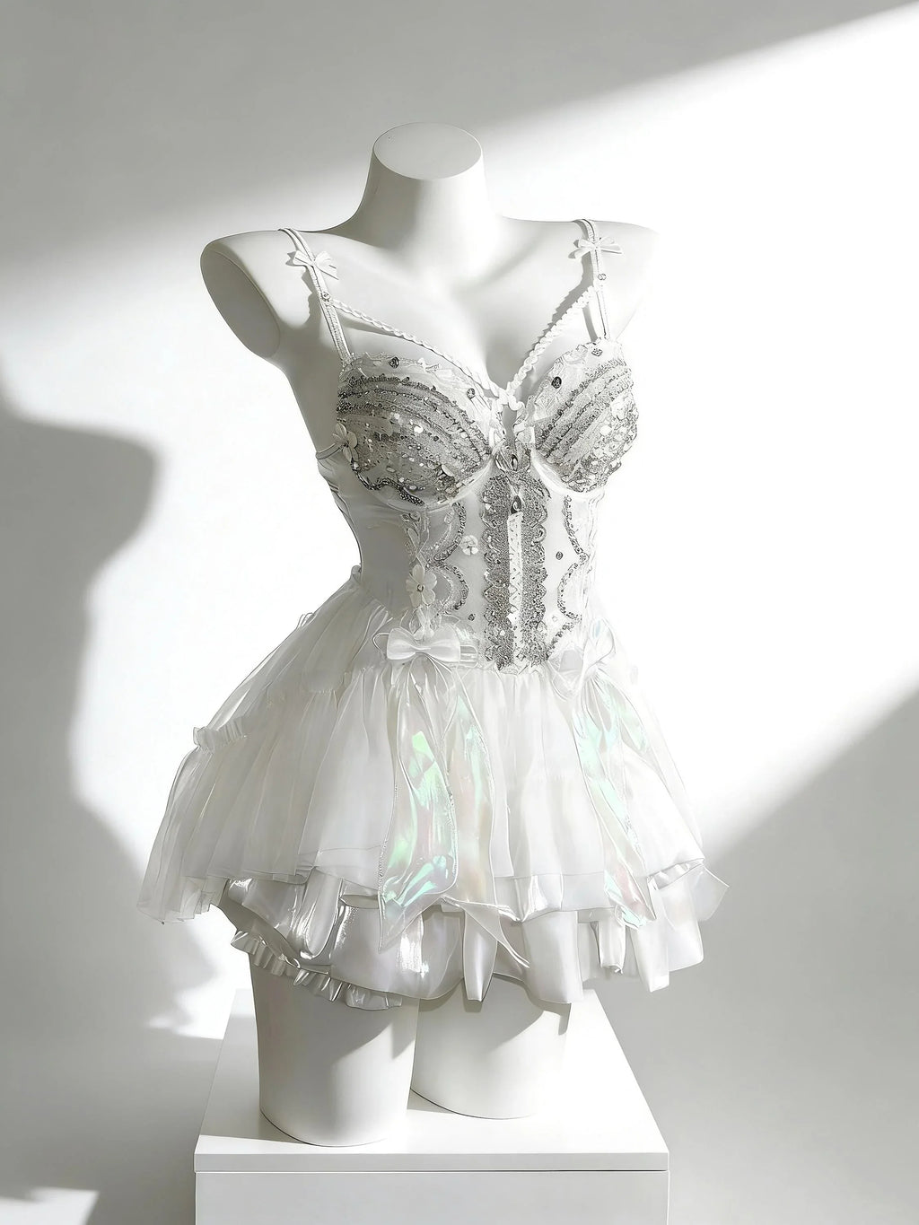 White fairycore festival outfit with sheer lace draping by AVRY