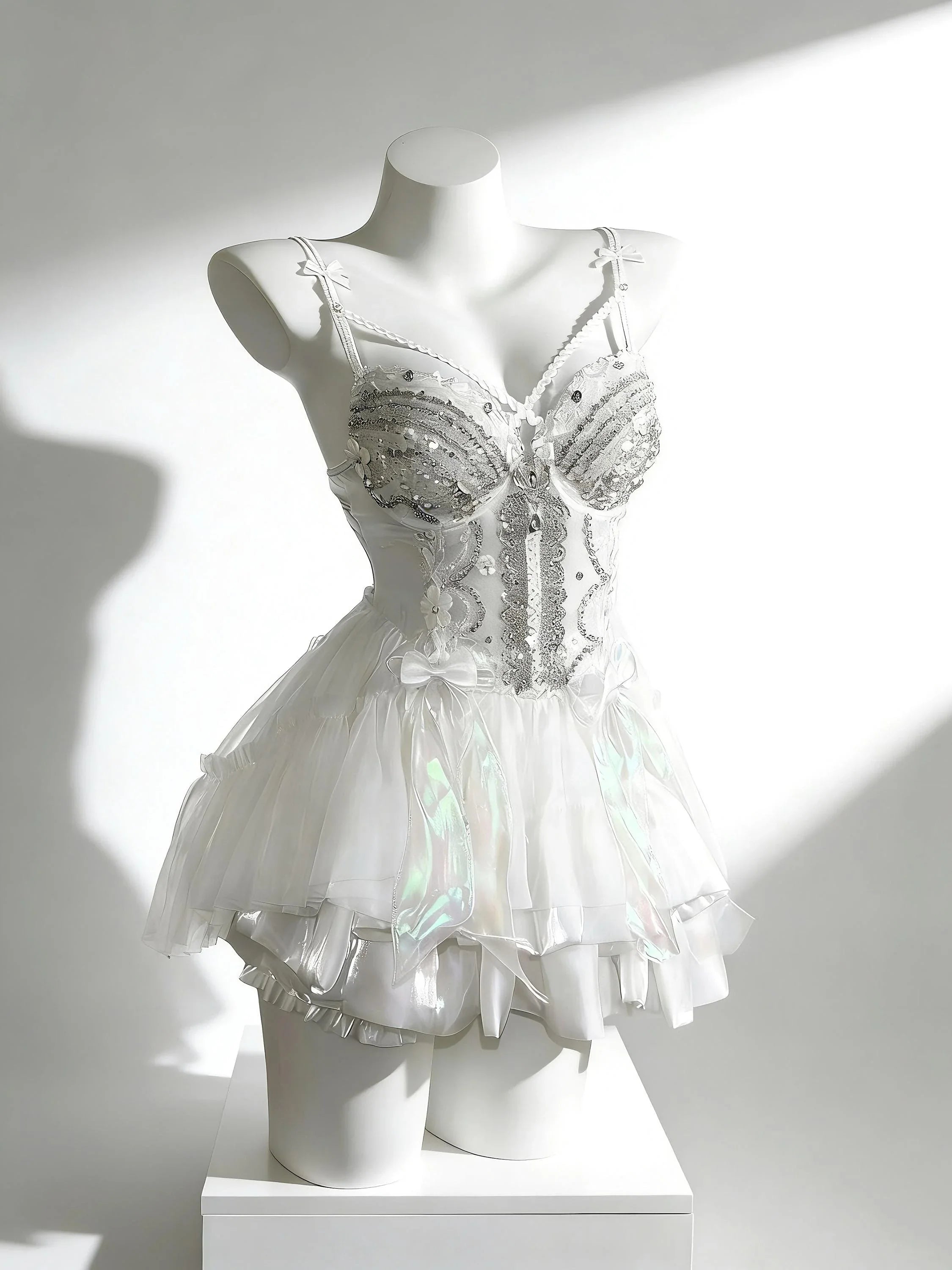 White fairycore festival outfit with sheer lace draping by AVRY