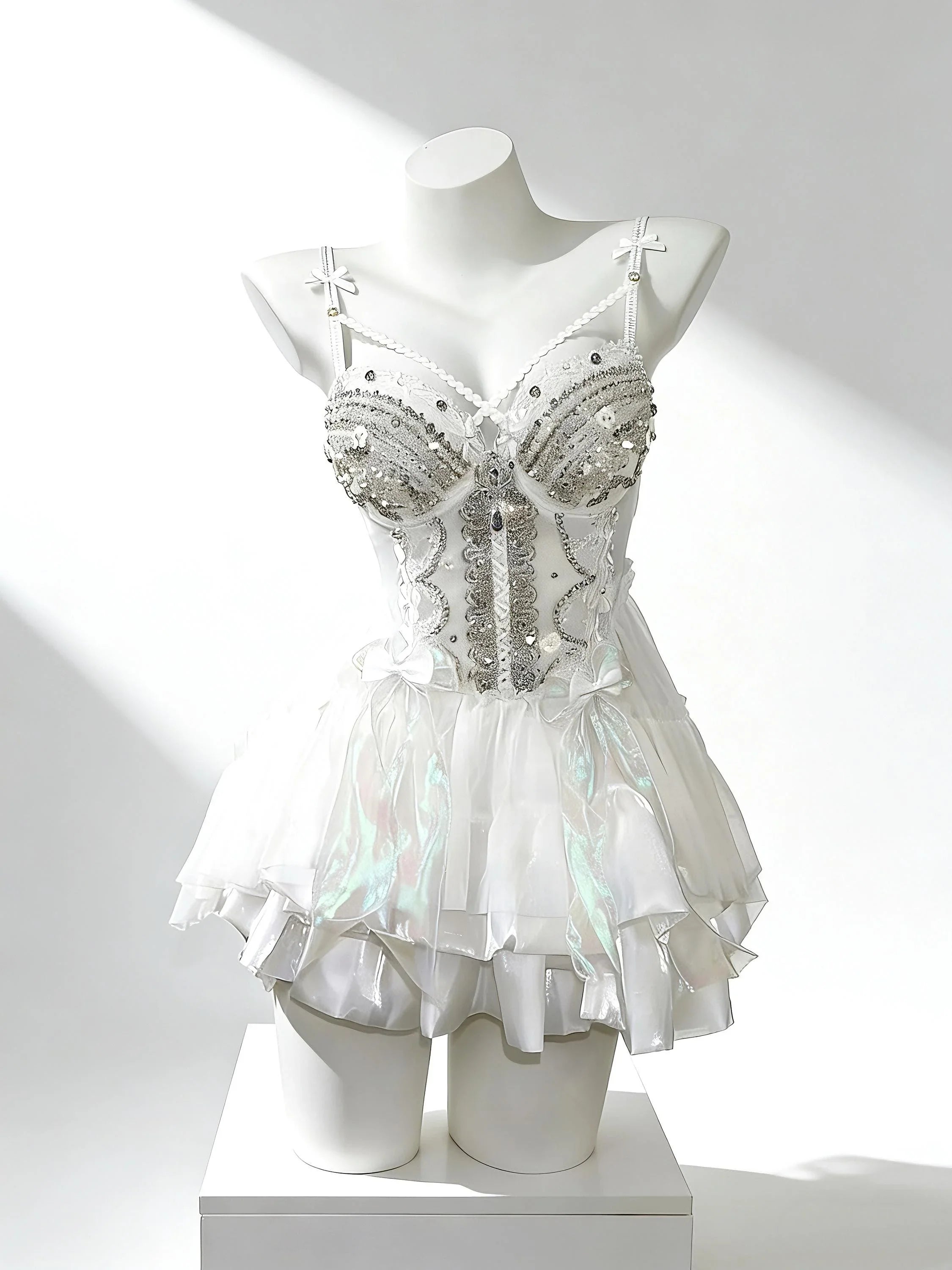 White fairy rave outfit with crystal corset details by AVRY
