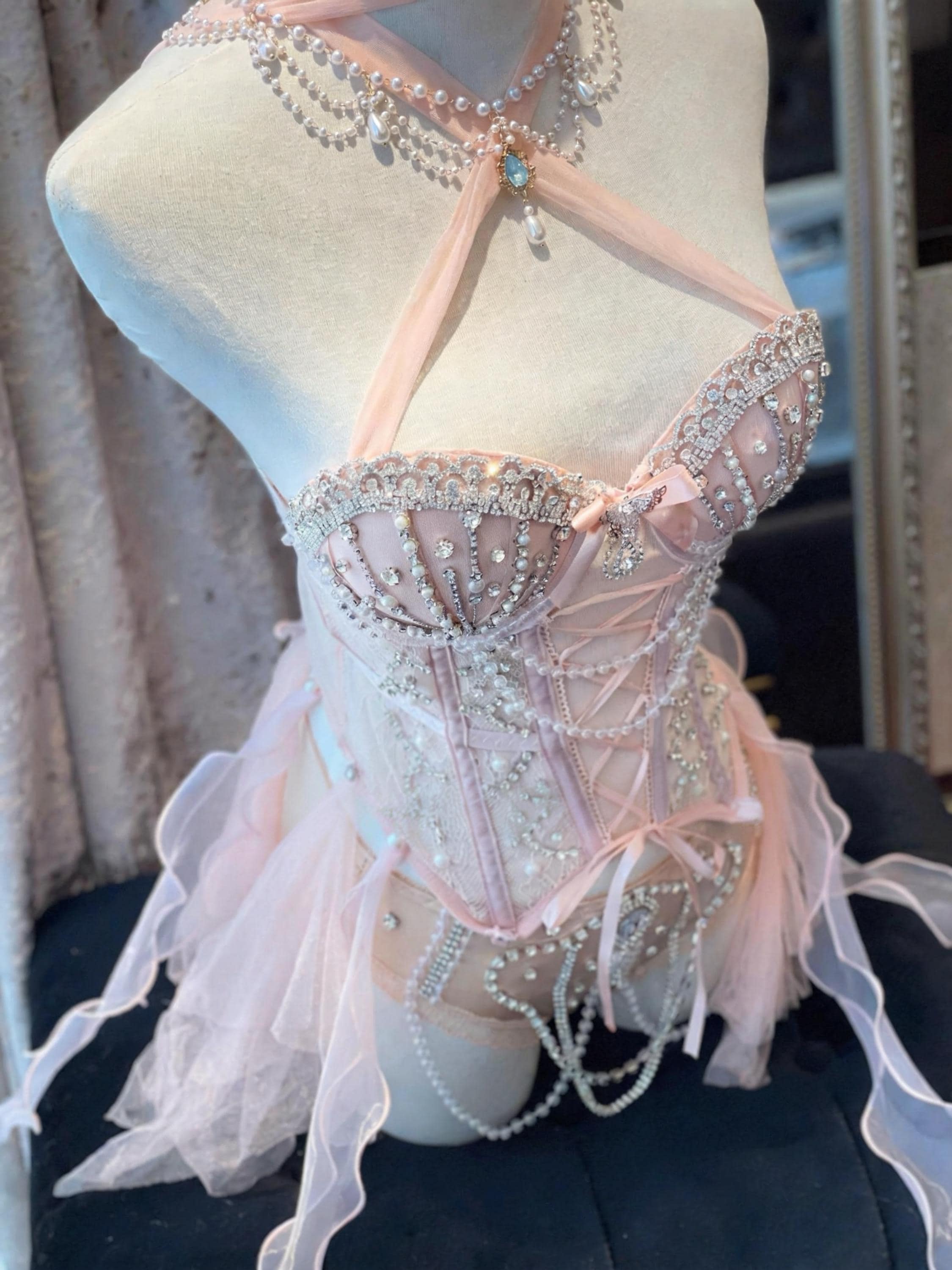 AVRY Akoya Pearl Rave Set featuring a crystal corset top, pearl embellished bottoms and ocean-inspired details