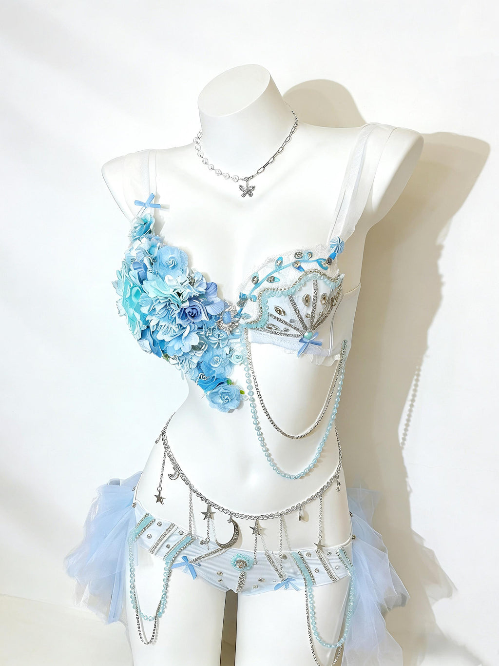 AVRY Anemone Blue Fairy Rave Set with Floral Bra, Body Chain and Festival Bottoms