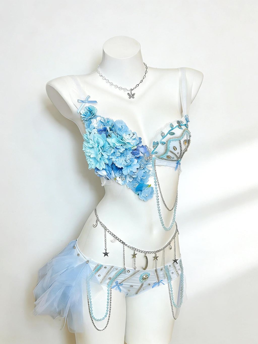 AVRY Anemone Blue Fairy Rave Set with Floral Bra, Body Chain and Festival Bottoms