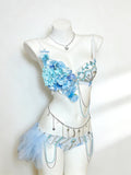 AVRY Anemone Blue Fairy Rave Set with Floral Bra, Body Chain and Festival Bottoms