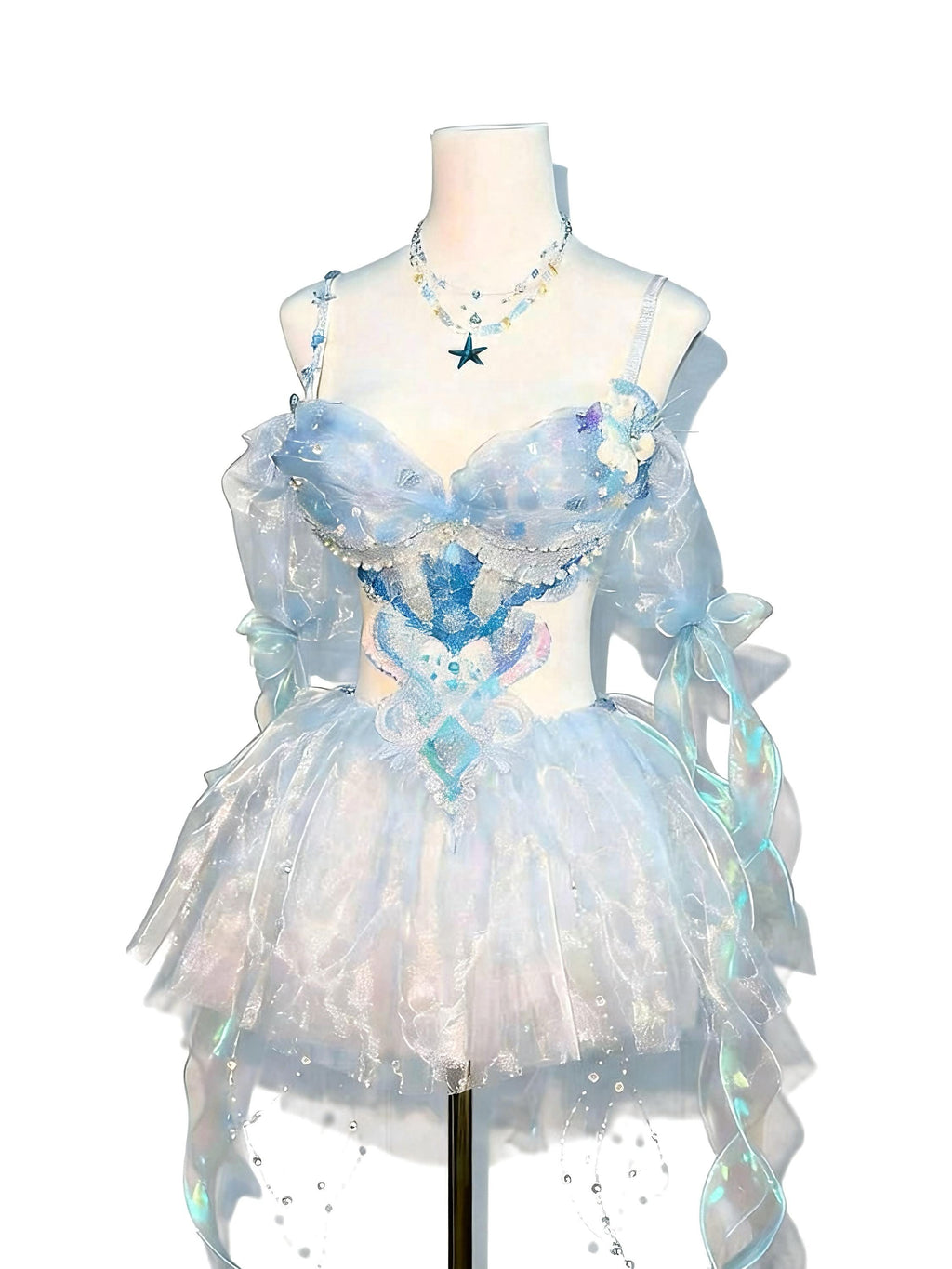 AVRY Crystal Jellyfish Ocean Fairy Rave Set with Bra Top, Layered Skirt, Necklace and Lining Bottom
