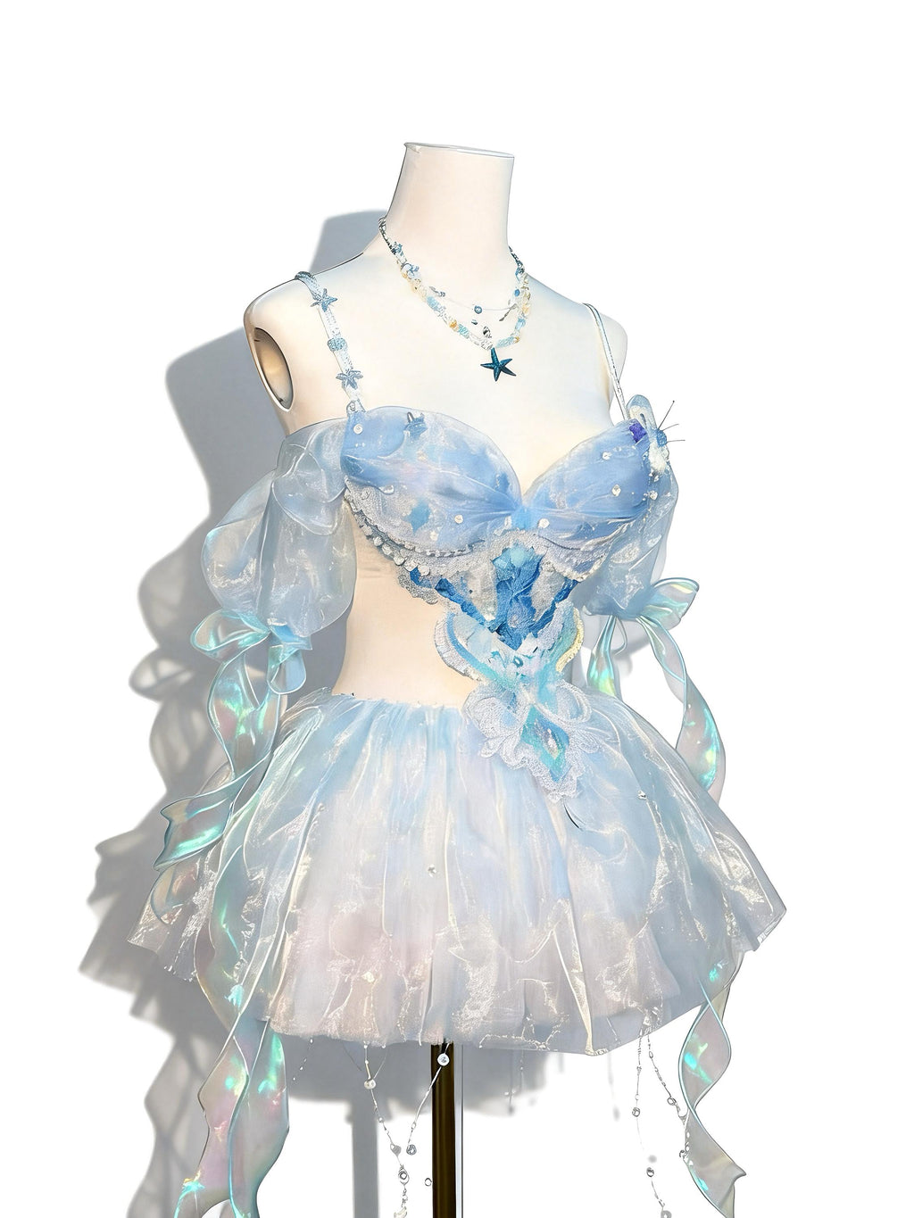 AVRY Crystal Jellyfish Ocean Fairy Rave Set with Bra Top, Layered Skirt, Necklace and Lining Bottom