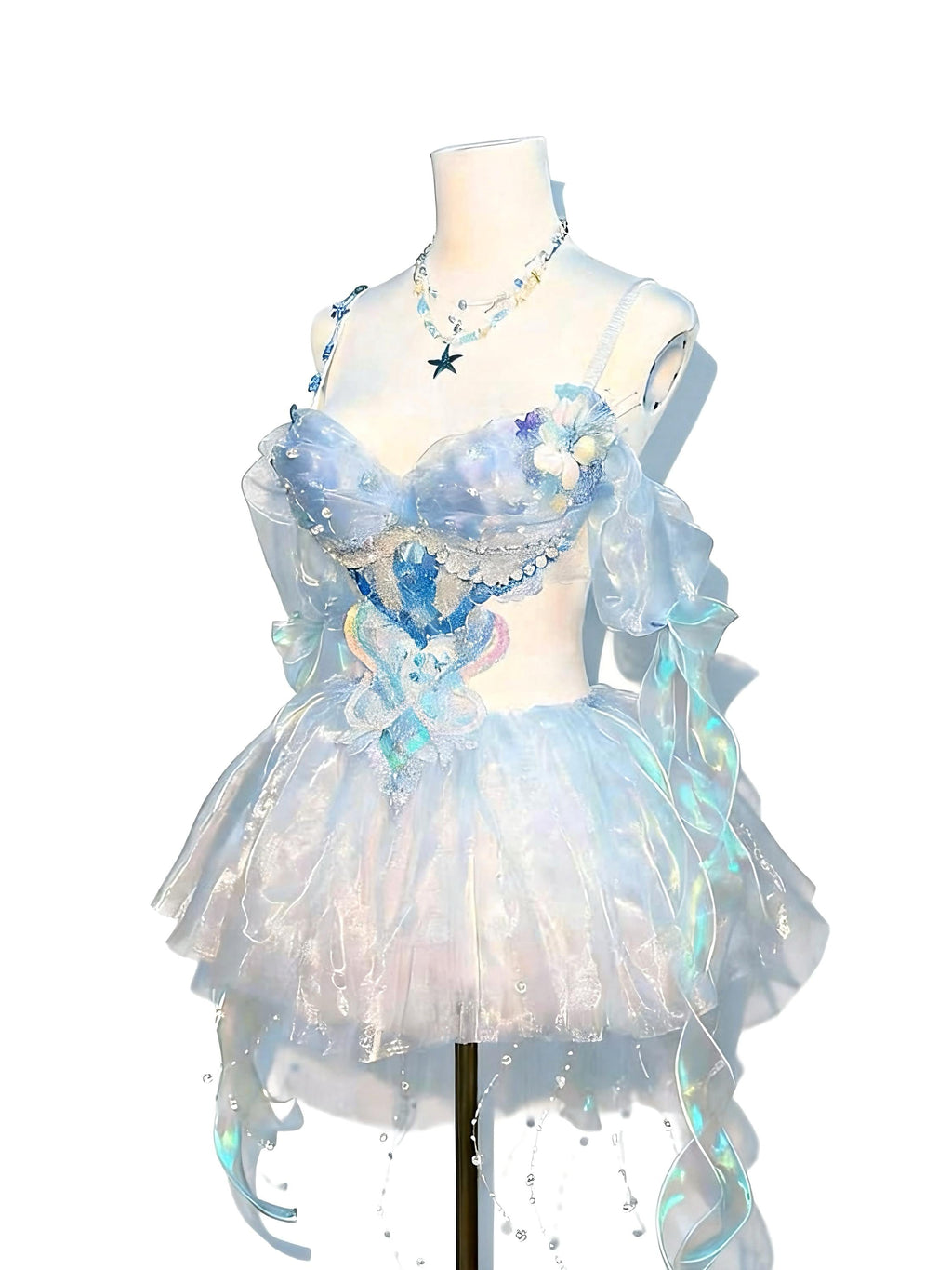 AVRY Crystal Jellyfish Ocean Fairy Rave Set with Bra Top, Layered Skirt, Necklace and Lining Bottom
