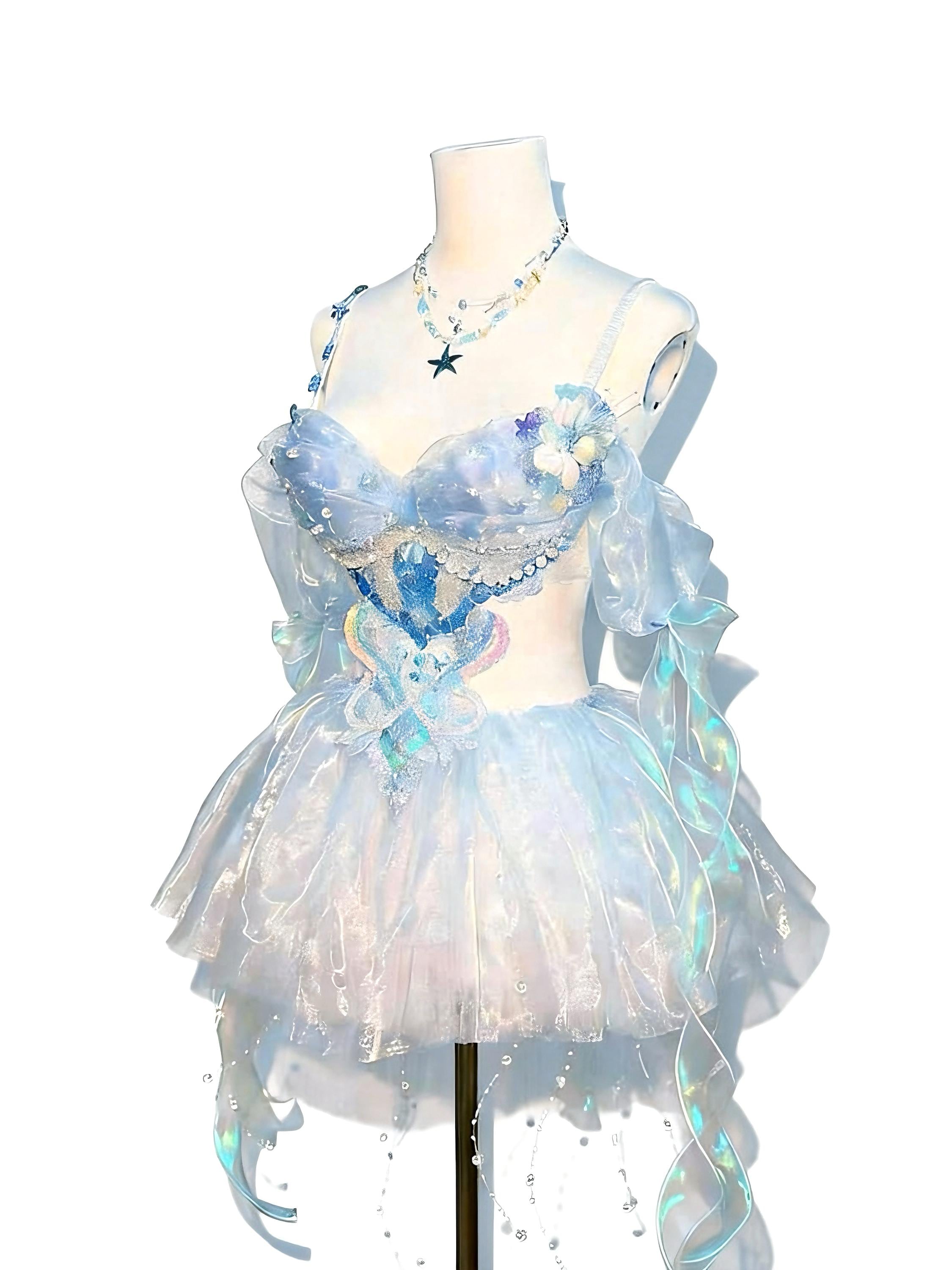 AVRY Crystal Jellyfish Ocean Fairy Rave Set with Bra Top, Layered Skirt, Necklace and Lining Bottom