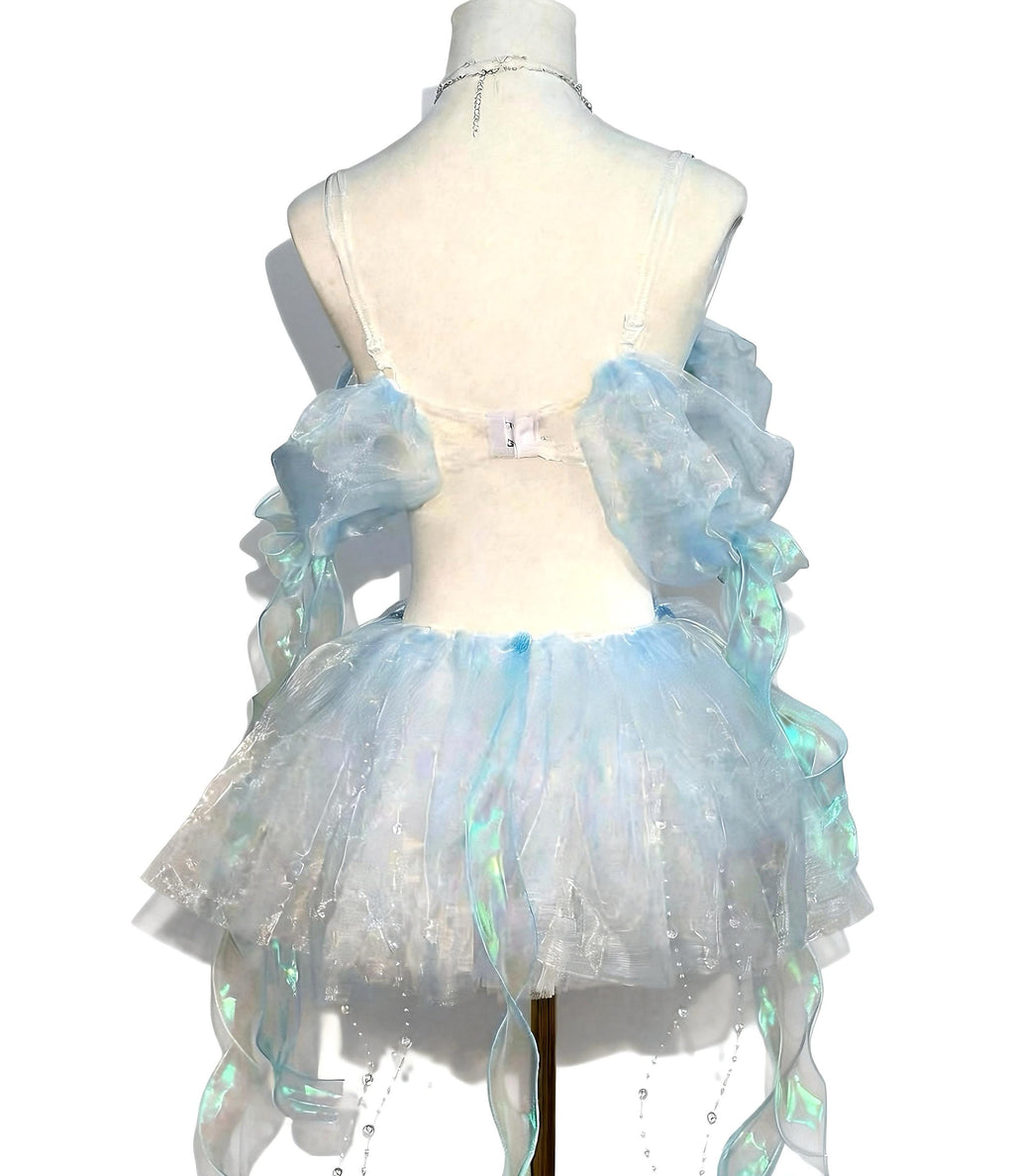AVRY Crystal Jellyfish Ocean Fairy Rave Set with Bra Top, Layered Skirt, Necklace and Lining Bottom