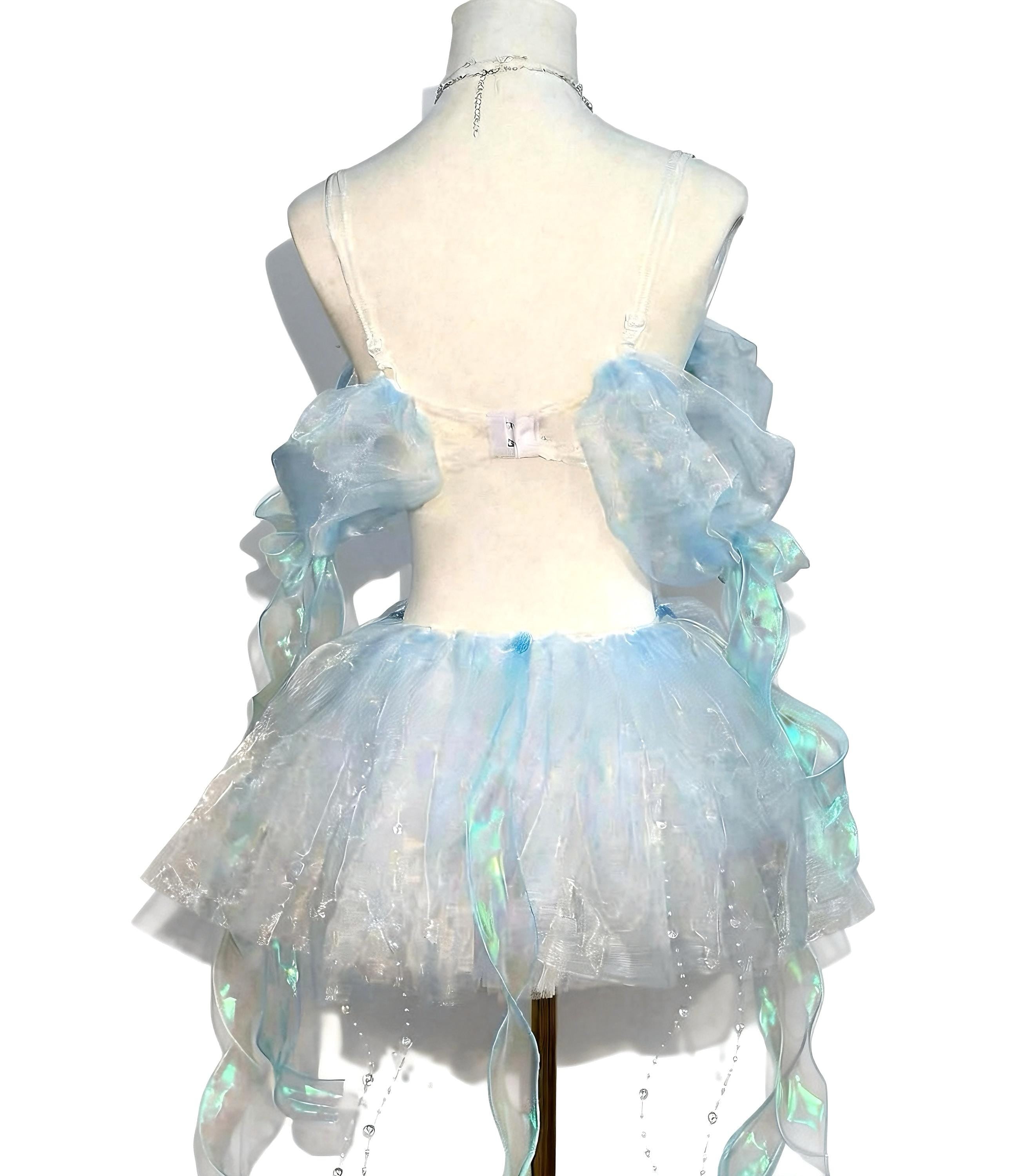 AVRY Crystal Jellyfish Ocean Fairy Rave Set with Bra Top, Layered Skirt, Necklace and Lining Bottom