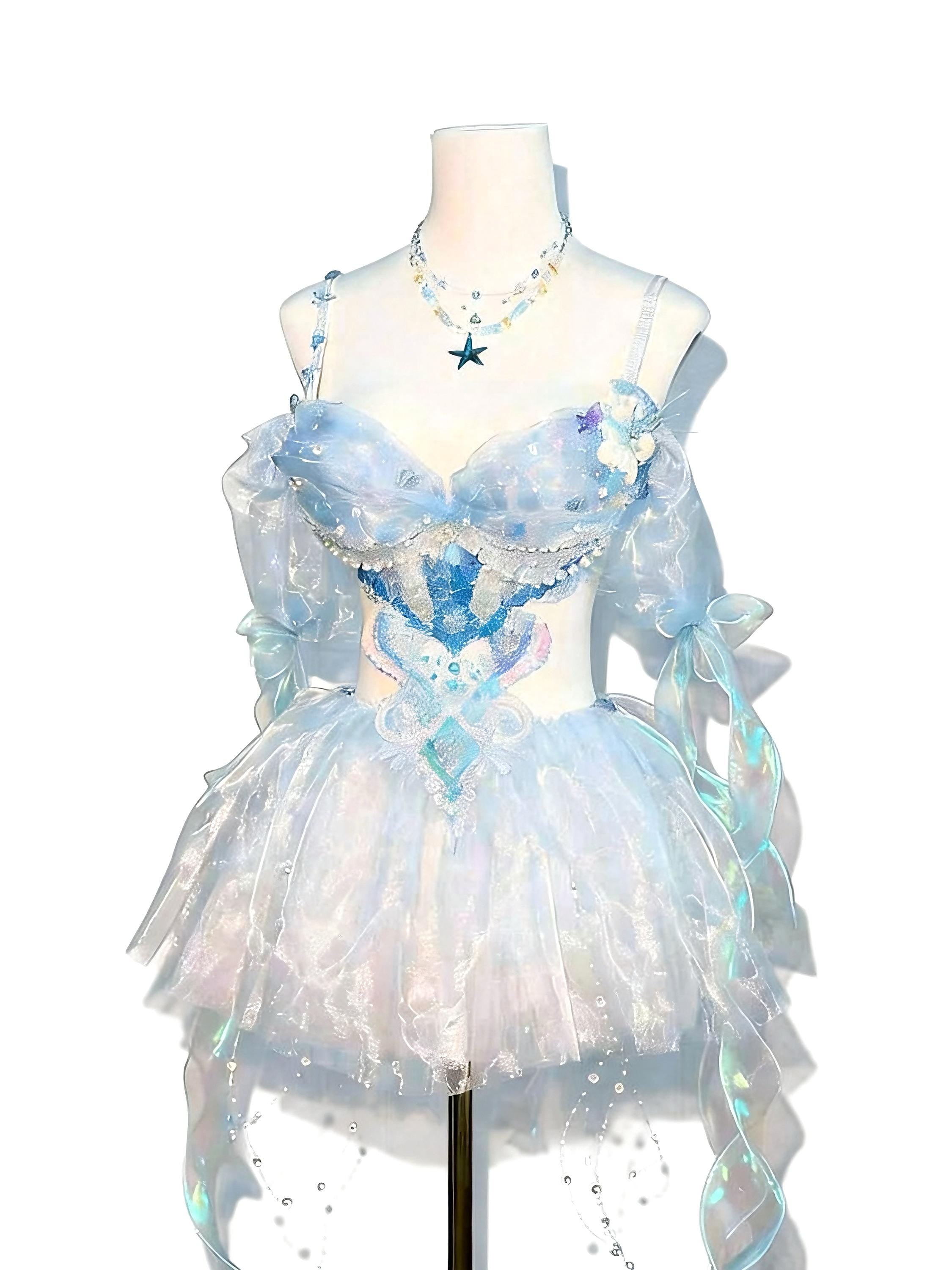 AVRY Crystal Jellyfish Ocean Fairy Rave Set with Bra Top, Layered Skirt, Necklace and Lining Bottom