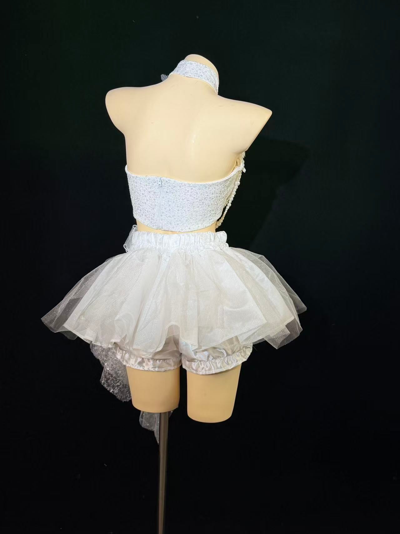 AVRY COVE Nerida Set White Pearl back view of white fairy festival set with wrap top and tulle mini skirt
