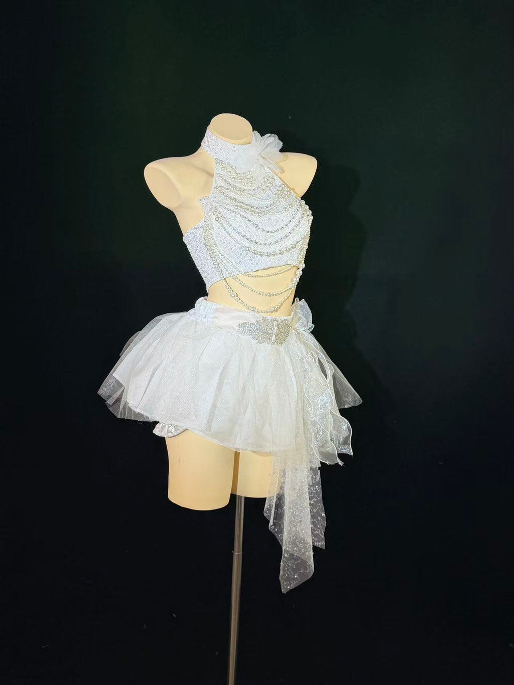 AVRY COVE Nerida Set White Pearl fairy corset set with white wrap top and layered tulle mini skirt