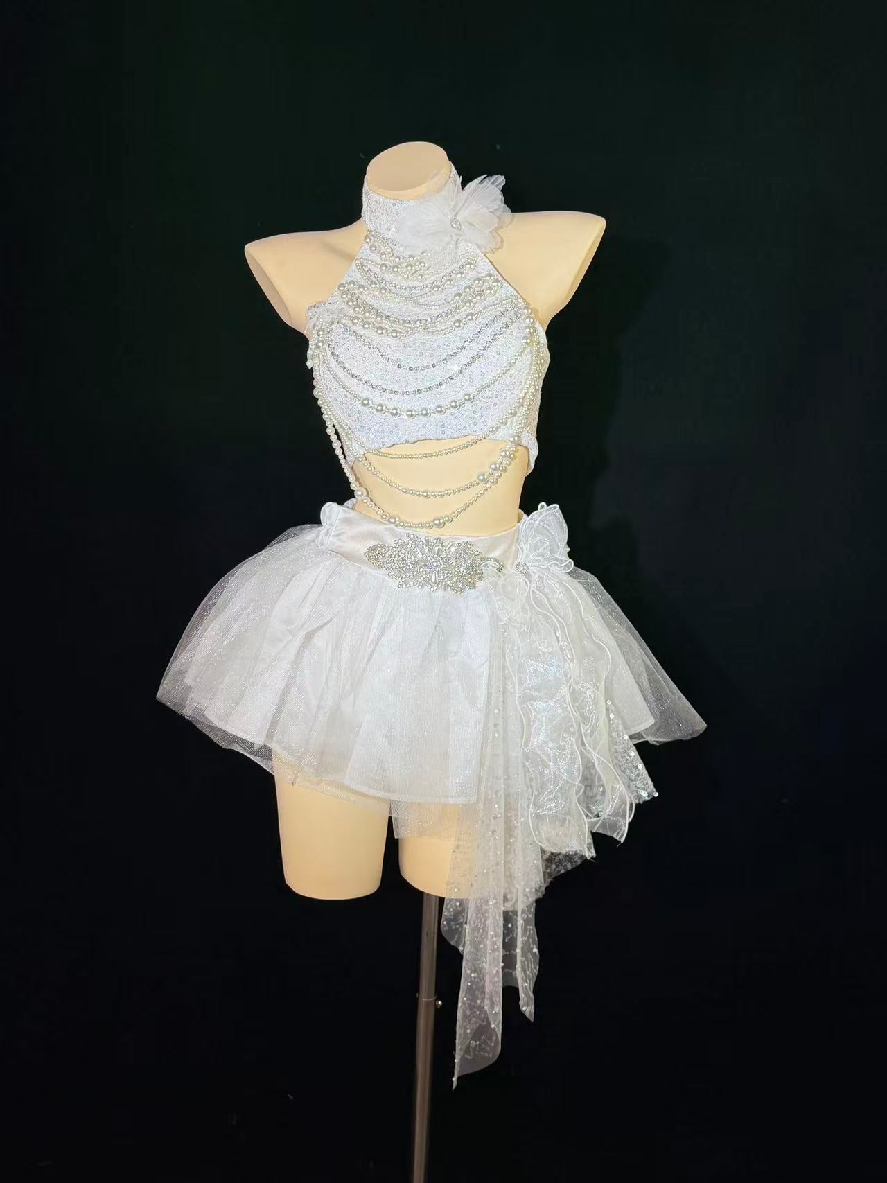 AVRY COVE Nerida Set White Pearl ocean-inspired white festival outfit with wrap corset top and soft tulle skirt