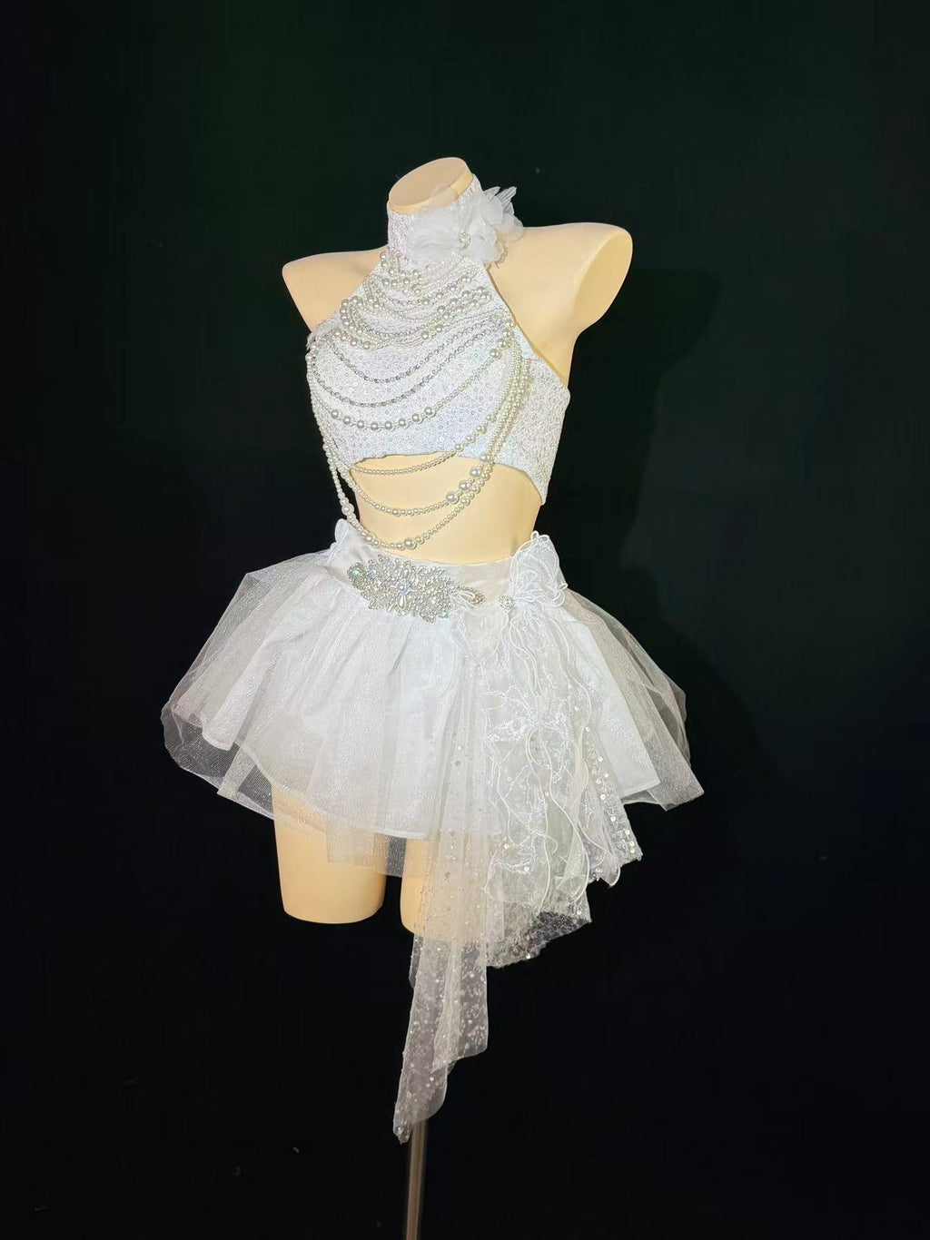 AVRY COVE Nerida Set White Pearl side view of white fairy corset set with layered skirt and flowing fabric details