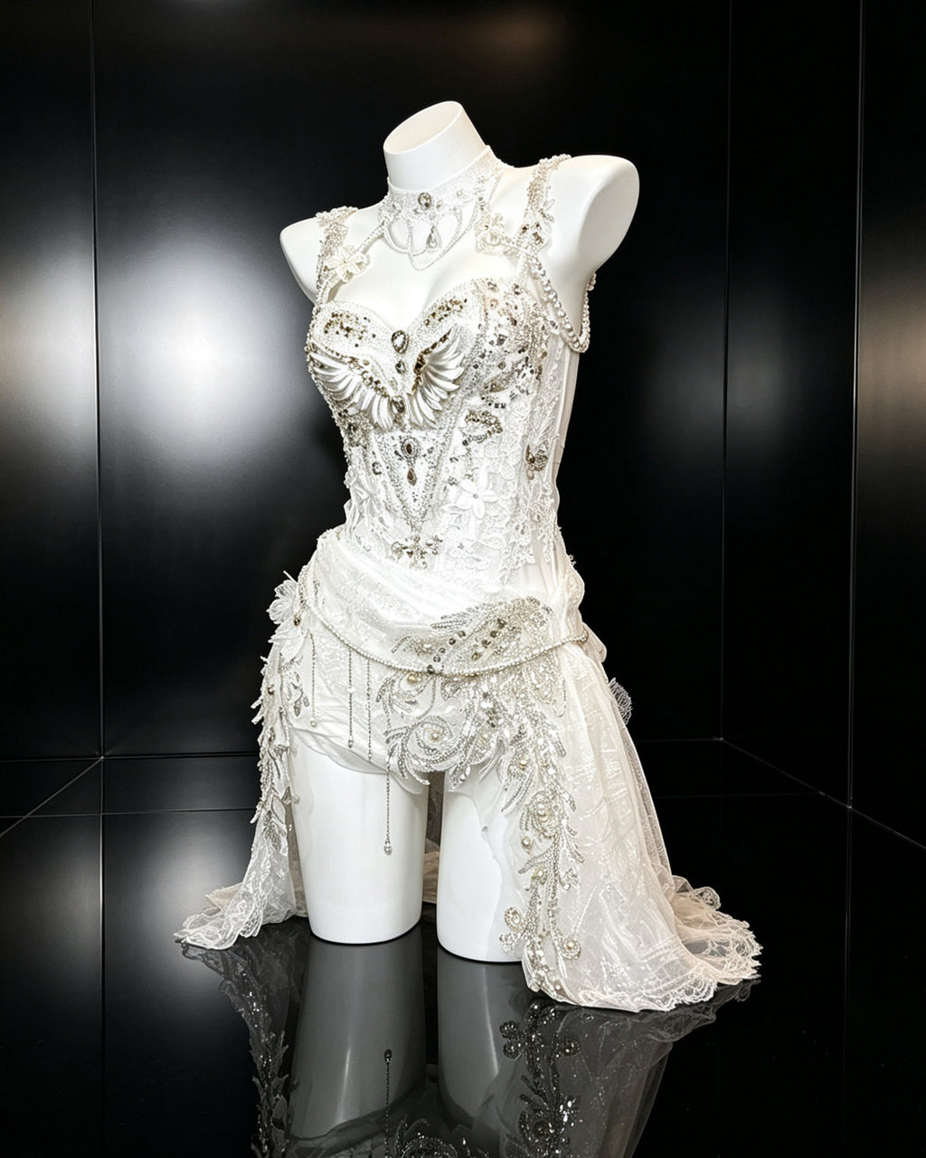 Dove ivory crystal corset set with wing-inspired details, attached choker and draped lace skirt – side view | AVRY