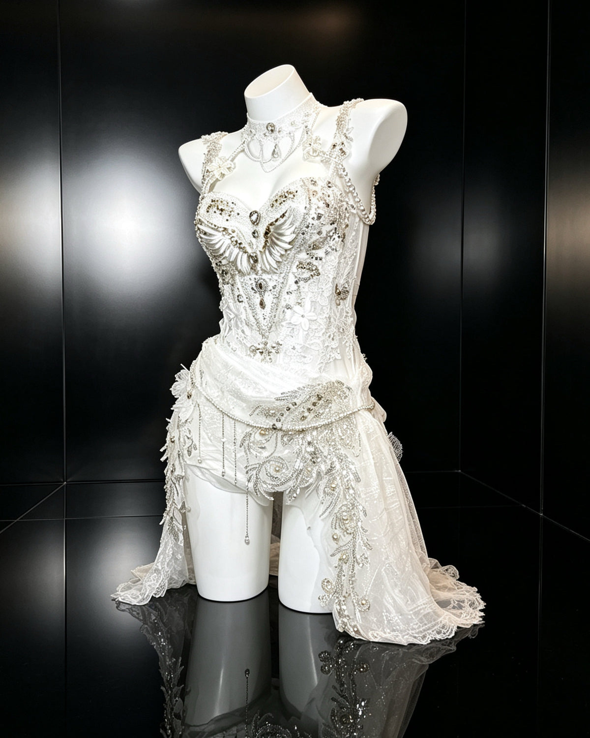 Dove ivory crystal corset set with wing-inspired details, attached choker and draped lace skirt – side view | AVRY