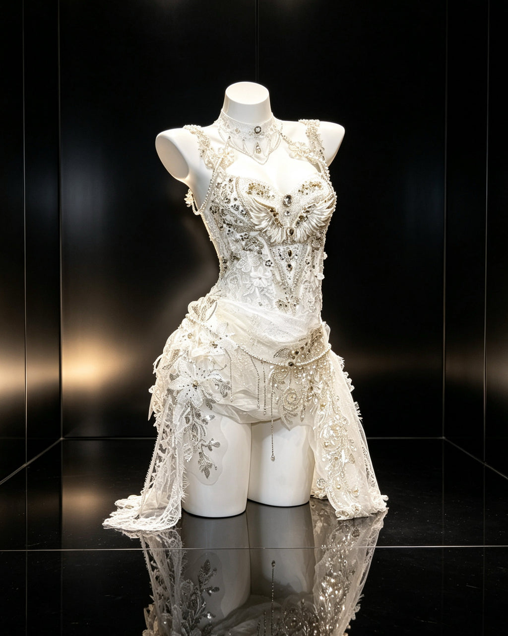 Dove ivory embellished corset set with attached choker, floral details and asymmetric lace skirt – front view | AVRY