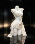 Dove ivory embellished corset set with attached choker, floral details and asymmetric lace skirt – front view | AVRY