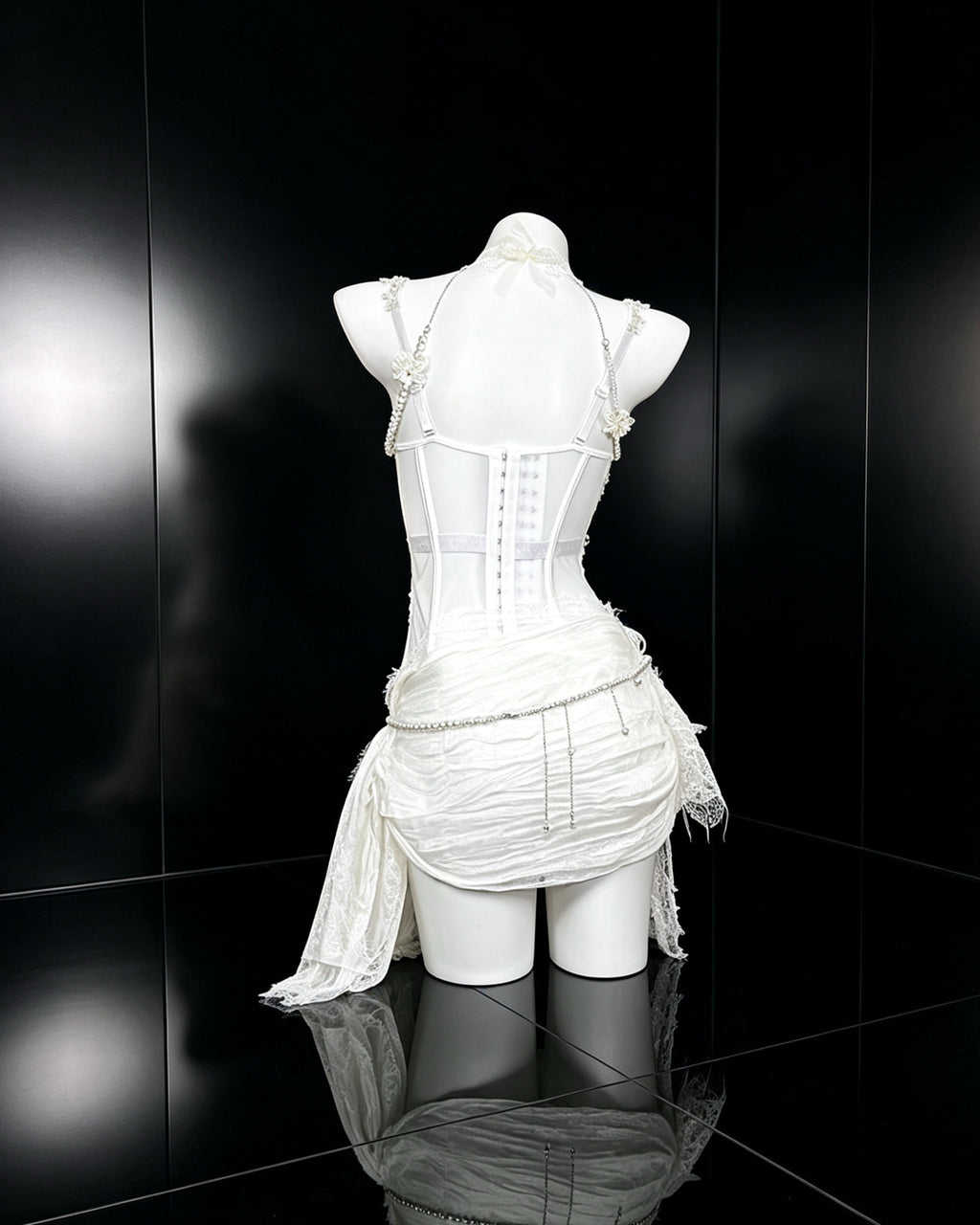 Dove ivory embellished corset set with attached choker and asymmetric lace skirt – back view | AVRY