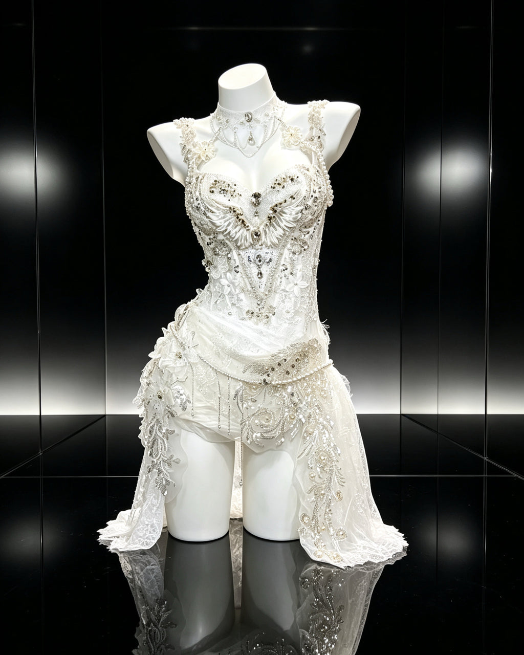 Dove ivory embellished corset set with attached choker, floral details and asymmetric lace skirt – front view | AVRY