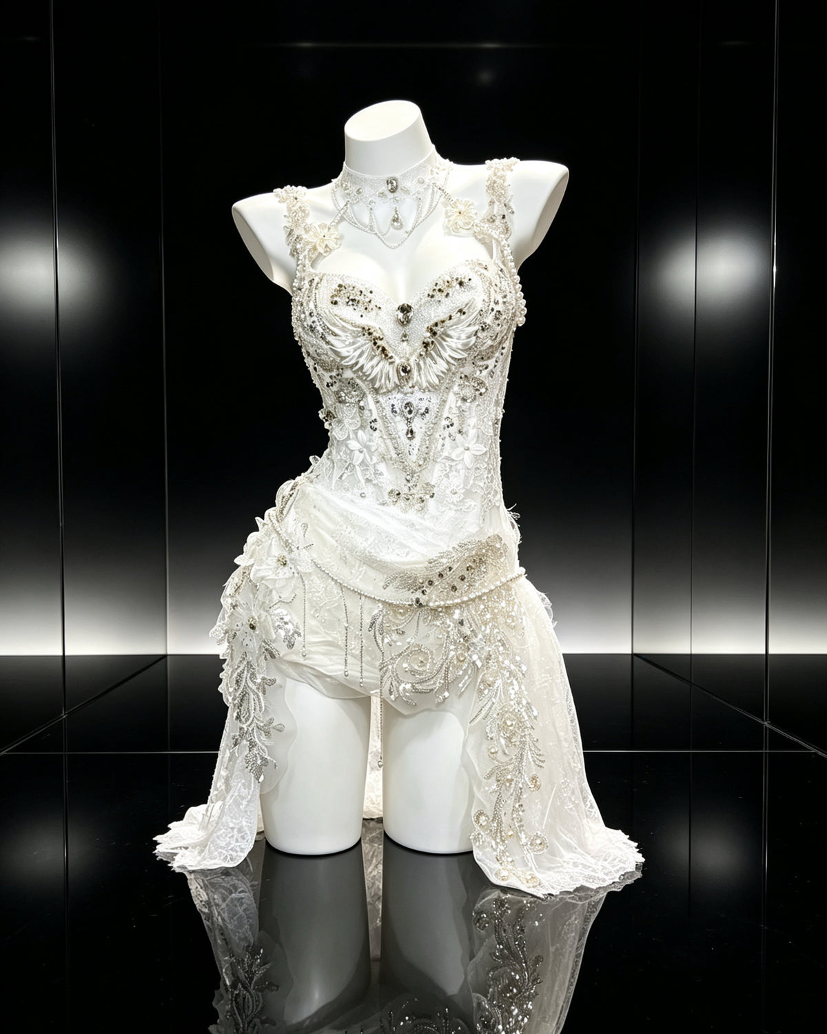 Dove ivory embellished corset set with attached choker, floral details and asymmetric lace skirt – front view | AVRY