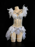 AVRY Dovea Set white feather rave outfit with feather bra top, matching bottom and sheer wrap skirt.