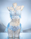 AVRY Dovea Set white feather rave outfit with feather bra top, matching bottom and sheer wrap skirt.
