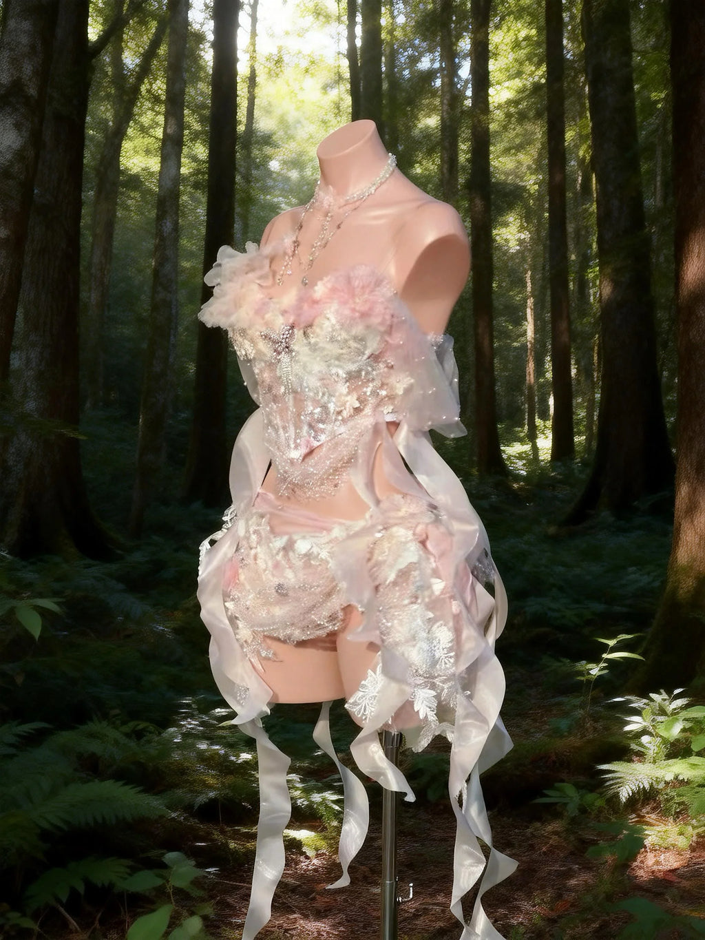 AVRY Isolde Set back view with pastel lacework details, soft floral accents and dreamy rave outfit styling.