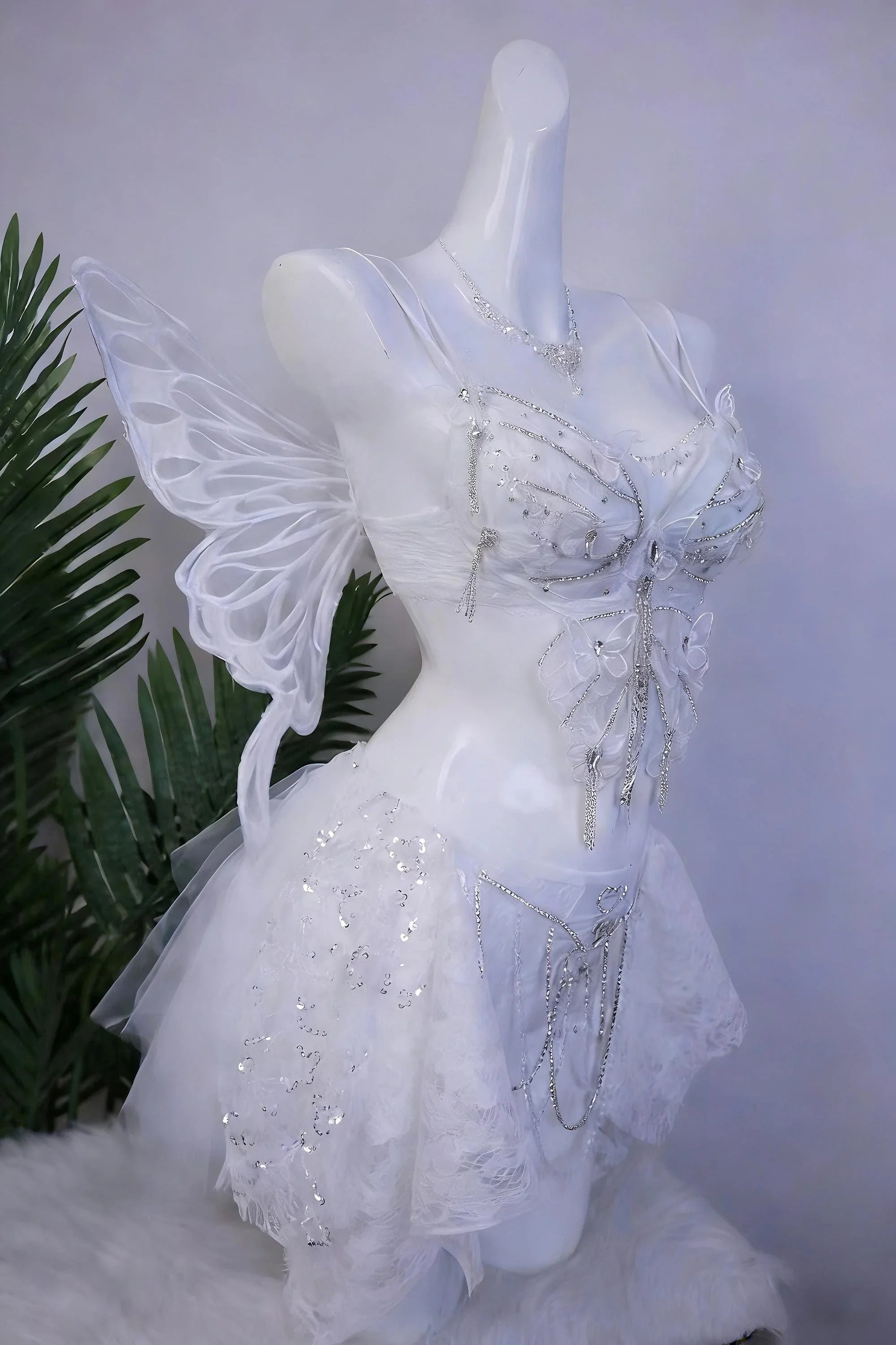 AVRY Lilac Morpho full look with optional wings, necklace and dreamy white fairy rave outfit styling.