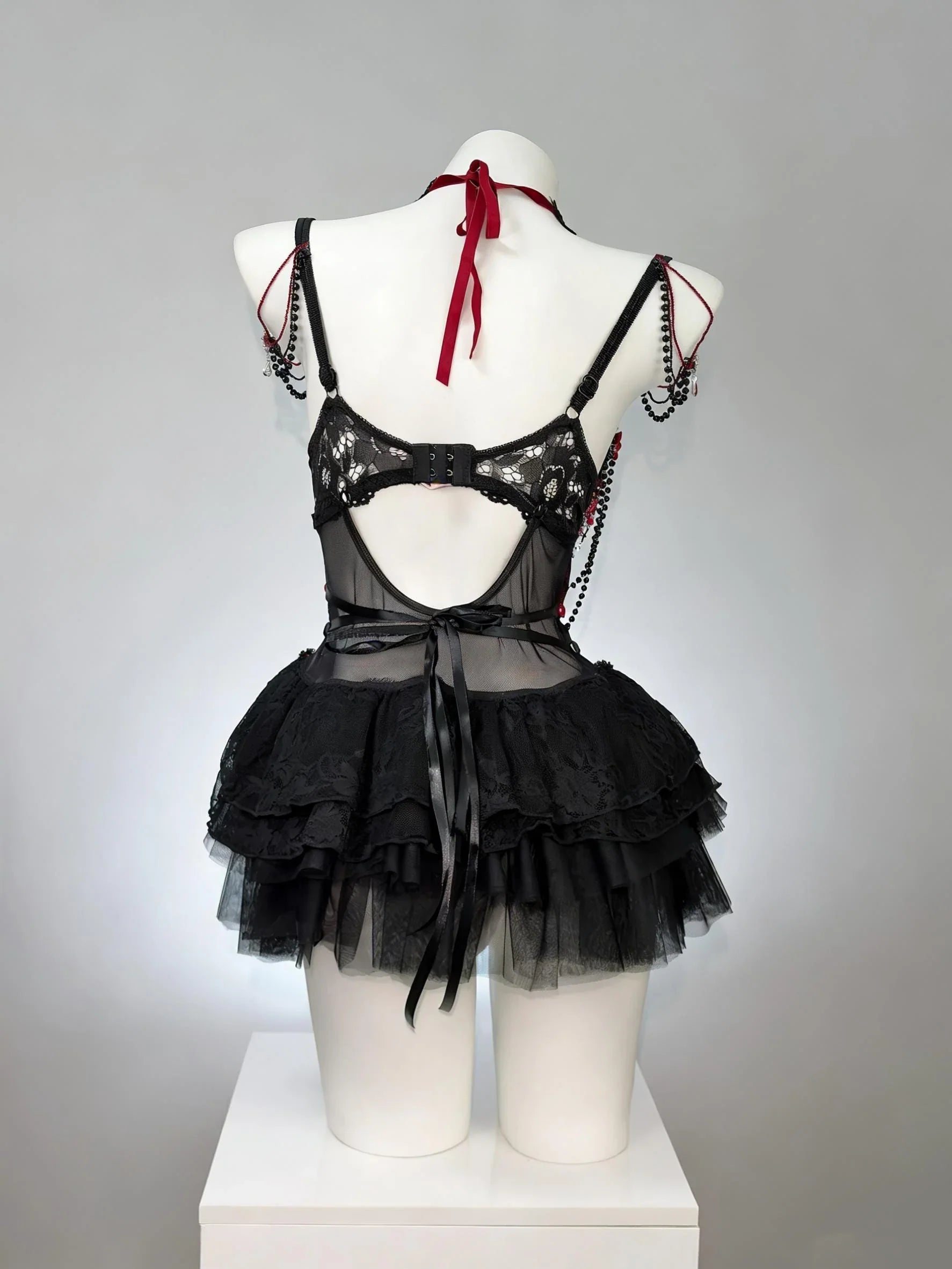 AVRY Black lace ravewear set with corset top and dramatic layered tulle skirt