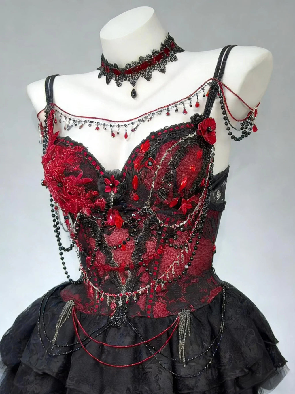 AVRY Red gothic corset set with crystal details and black lace festival RAVE TOP